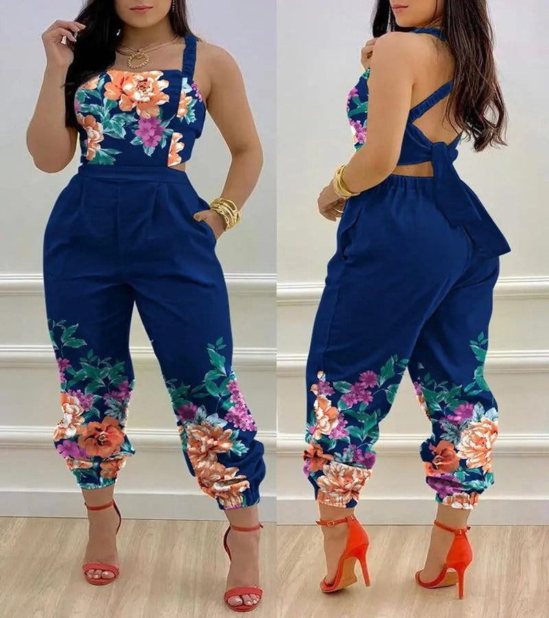 New European and American Open Back Cross Lace Up Bow Print Casual jumpsuit for Women