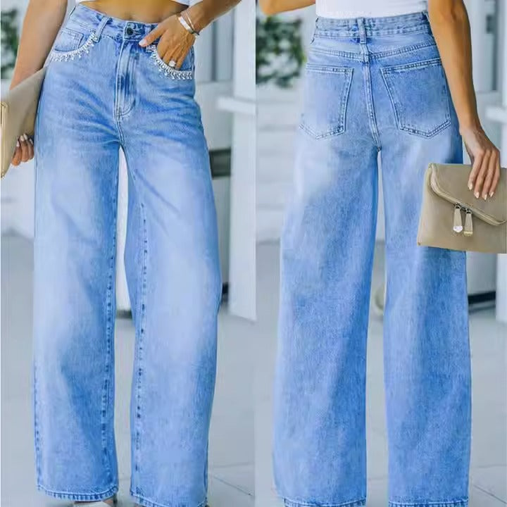 Petal Pocket Style Casual WISH Loose Washed Denim Pants Women