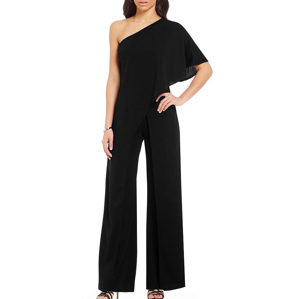 One Shoulder Jumpsuit Casual Solid Off Shoulder Ruffles High Waist Wide Leg Pants Jumpsuit