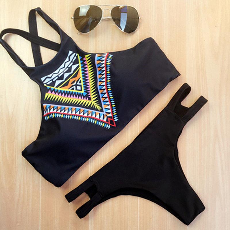 Women Bikini High Neck Push Up Bikini Set Geometry Black Swimwear