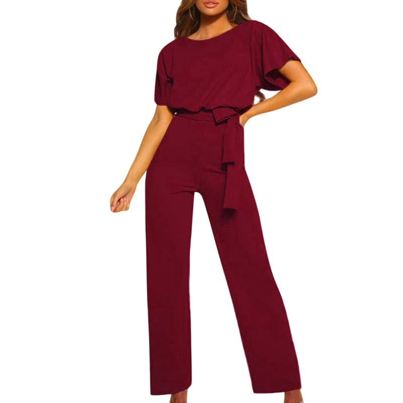 Button tied short sleeved jumpsuit