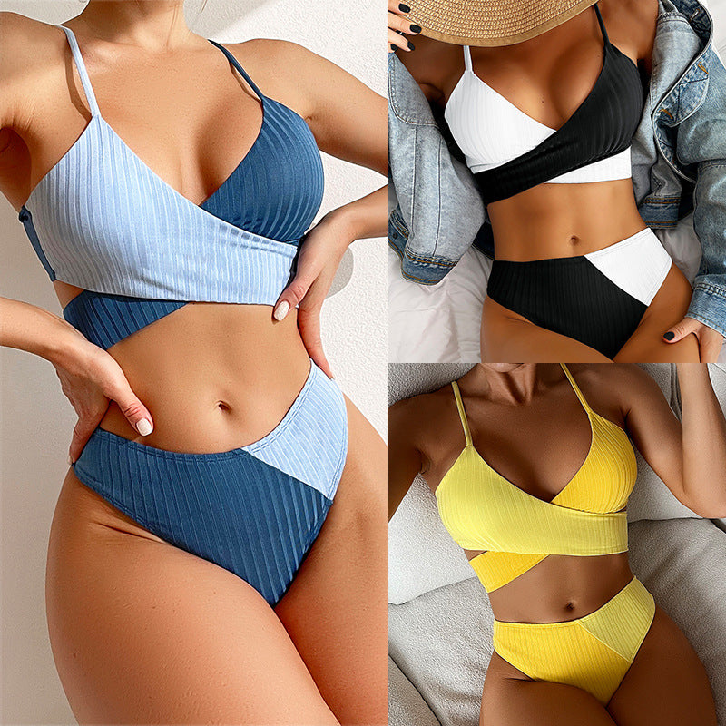 New Solid Color Matching Thick Pit Strip Cross Straps High Waist Bikini Sexy Swimsuit