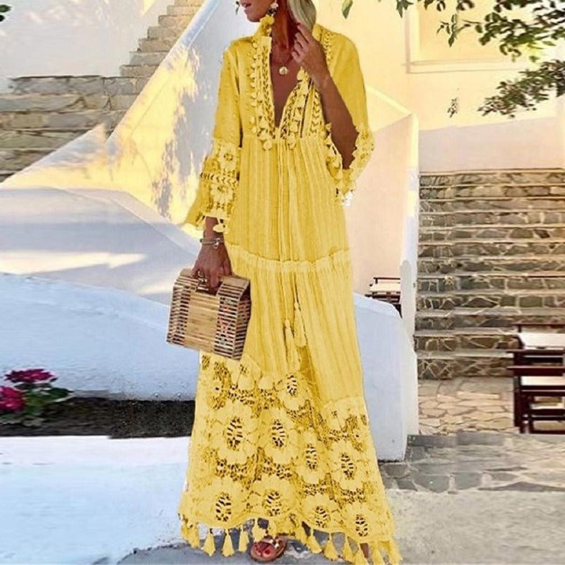 Long Skirt Bohemian Style V-Neck Lace Tassel Stitching Beach Resort Dress