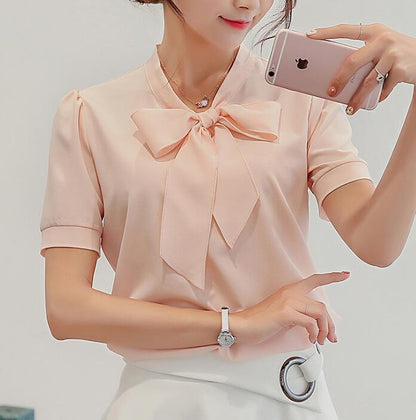 Summer Blouse Women Long Sleeve Shirts Fashion Leisure Chiffon Shirt Bow Office Ladies Pink White Tops