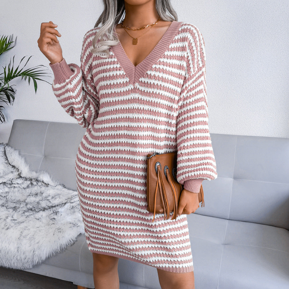 Ins Autumn And Winter New Striped Hollow Wool Dress Knitted Dress