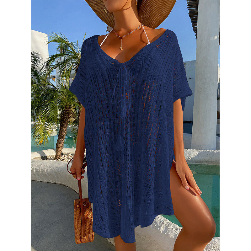 Summer vacation cutout sexy loose pullover tassel strap bikini sunscreen knitted beach blouse