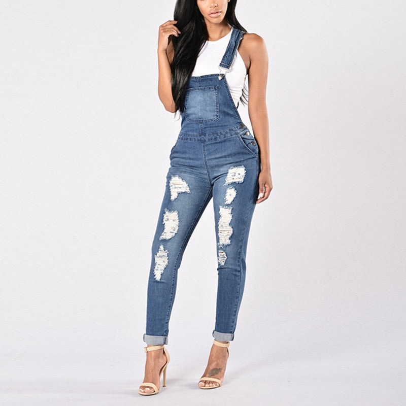 Women Overalls Cool Denim Jumpsuit Ripped Holes Casual Jeans Sleeveless Jumpsuits