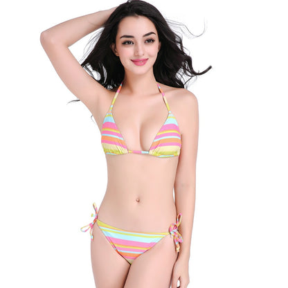 Rainbow striped tied nylon bikini swimsuit vacation hot spring BIKINI