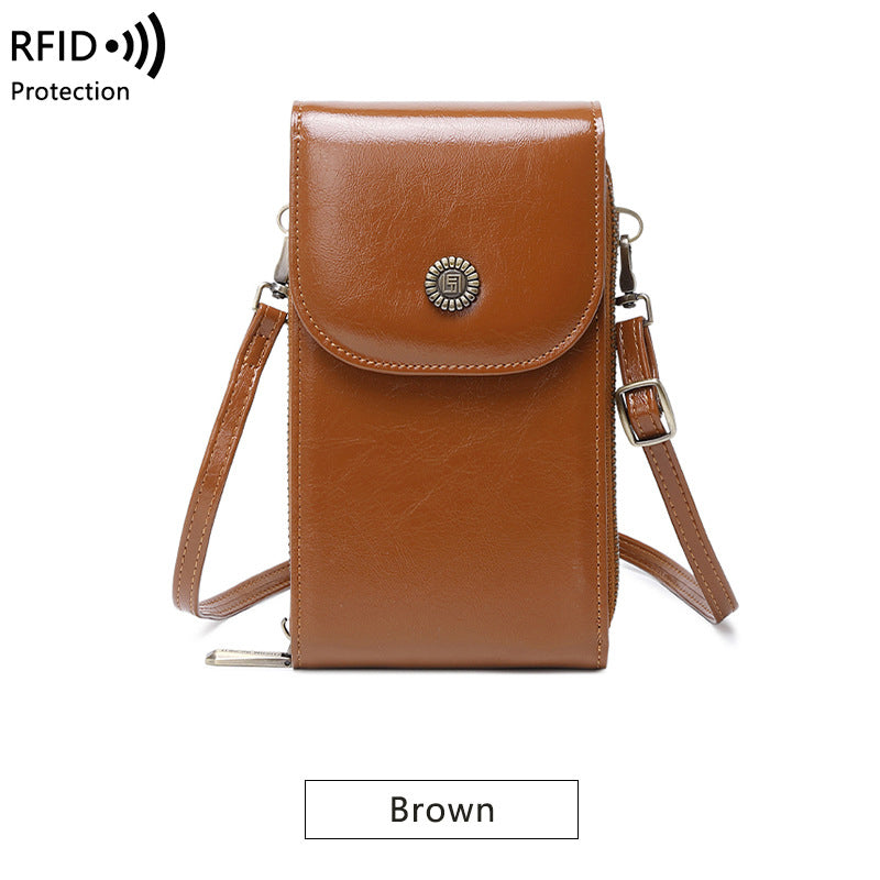 RFID Mobile Bag Female Oilskin Vertical Mobile Bag Mini One Shoulder Small Bag Fashion Crossbody Bag