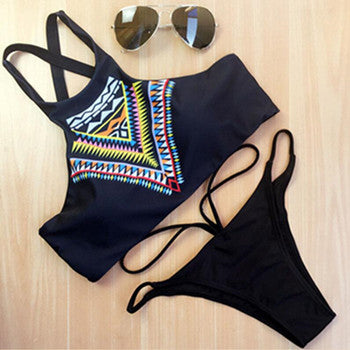 Women Bikini High Neck Push Up Bikini Set Geometry Black Swimwear