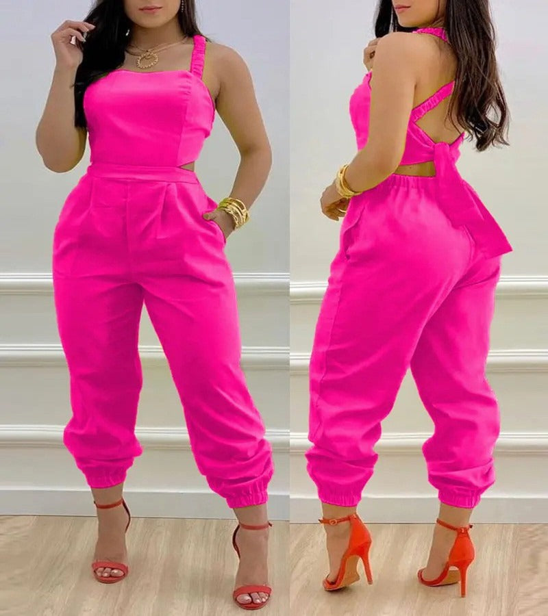 New European and American Open Back Cross Lace Up Bow Print Casual jumpsuit for Women