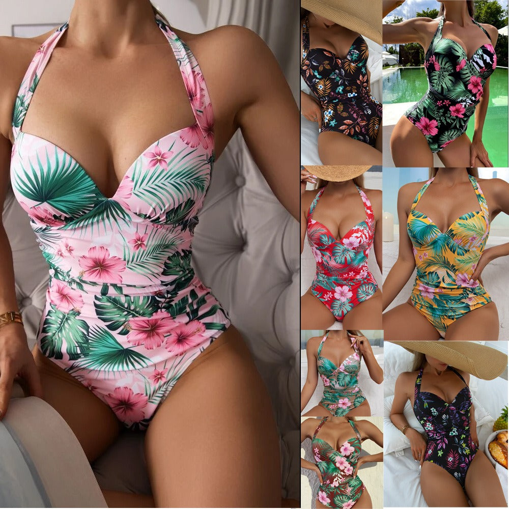 New Printed Conservative One Piece Hanging Neck One Piece Sexy Swimwear One Piece Swimwear