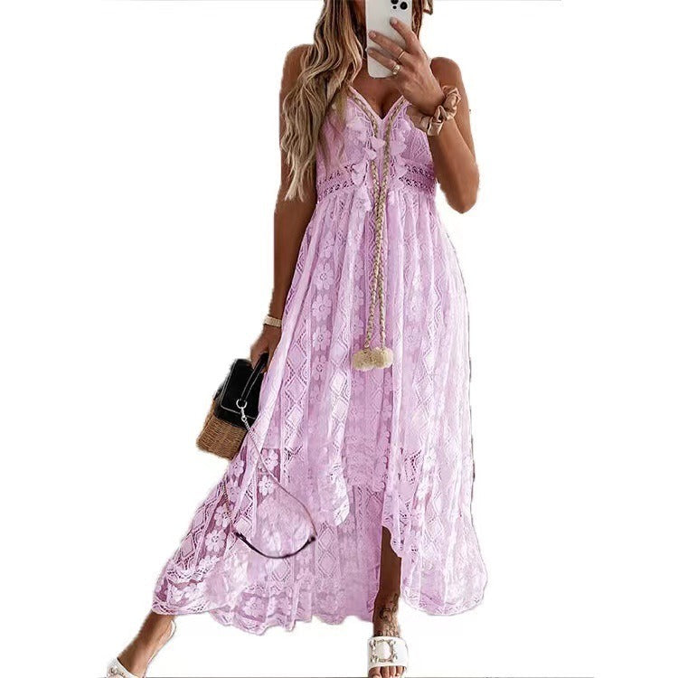 New European and American Fashion Strap Lace Large Swing Waist Long Dress