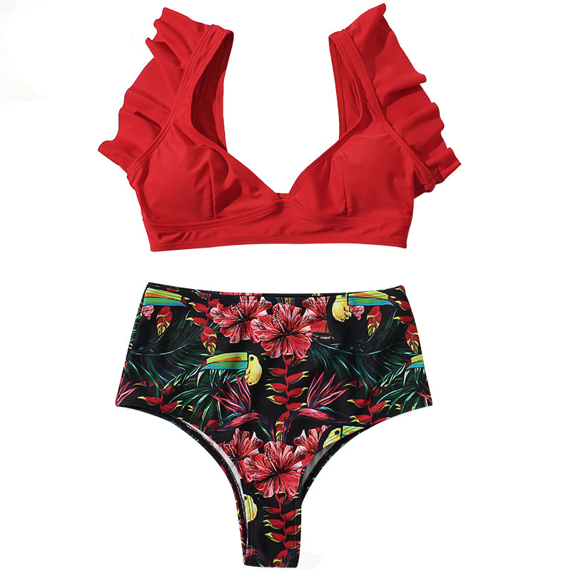 Floral Ruffled Hem Bikini Set Women Flora V-neck High-waisted Two Piece Swimsuit 2018 Girl Beach Bathing Suit Swimwear Biquinis