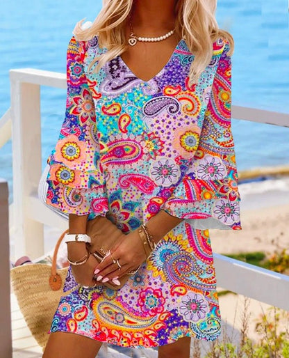 V-neck loose fitting short skirt printed beach vacation dress