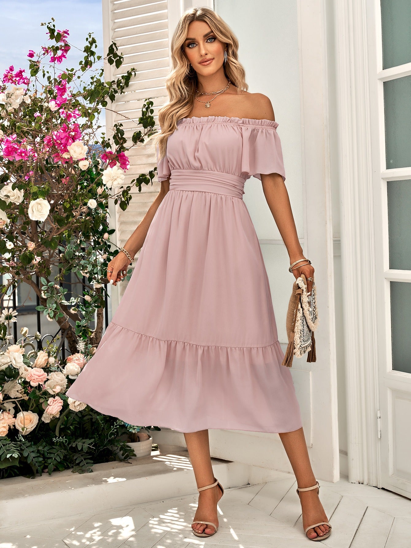 Off Shoulder Solid Color Waist Cut Fresh Skirt