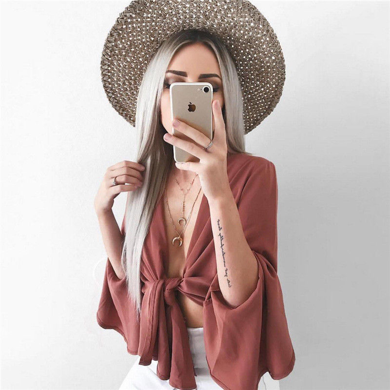 Women Boho Beach wear Summer Holiday Casual Sexy Top Vest Blouse long Sleeve Femme Lady Hipster tumblr Midriff sunscreen Blouse