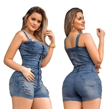 New European and American denim slim fit jumpsuit with white spray holes, jumpsuit denim shorts