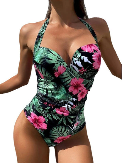 New Printed Conservative One Piece Hanging Neck One Piece Sexy Swimwear One Piece Swimwear