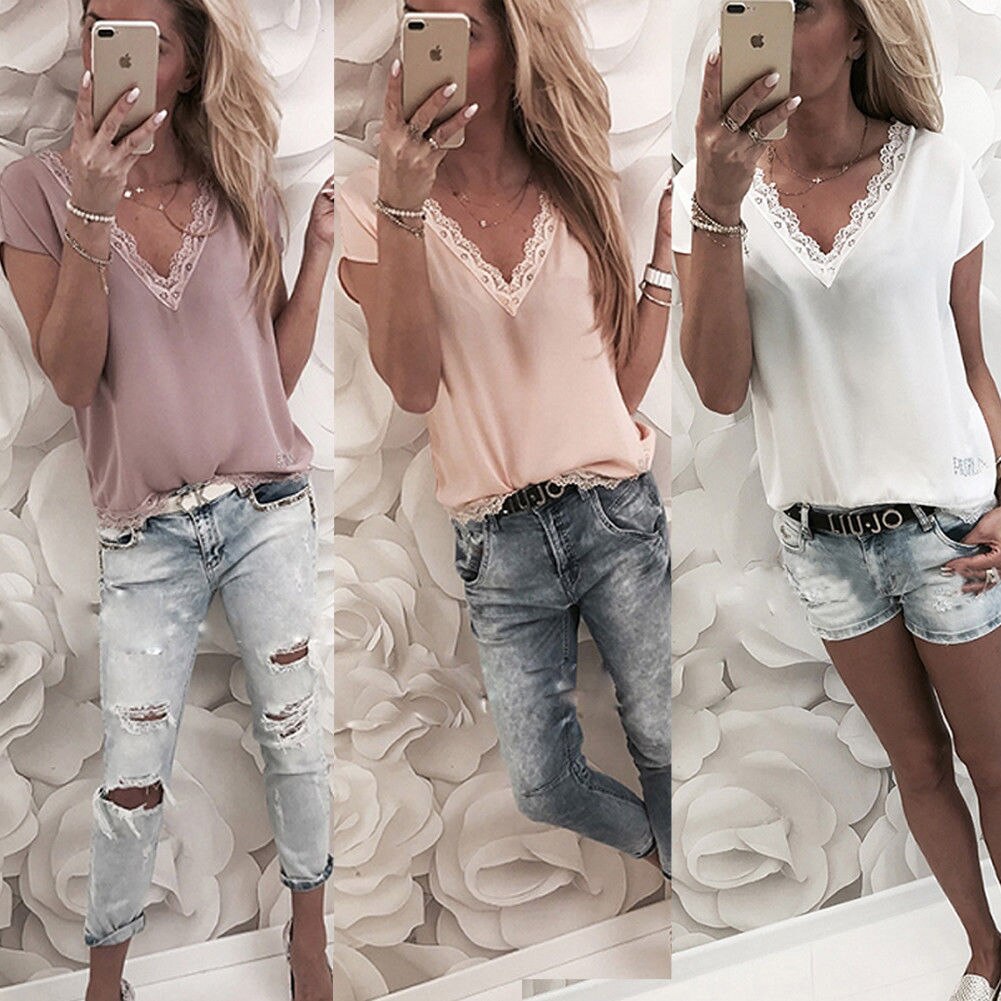 Women Blouse Tops Summer Top Casual Loose Short Sleeve Solid Lace V-neck Chiffon Blouses