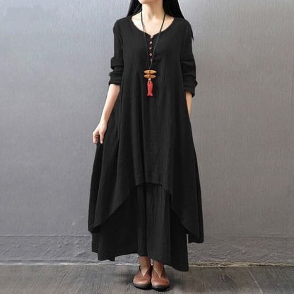 Fake two-piece long skirt large hem linen dress loose long sleeved cotton linen skirt