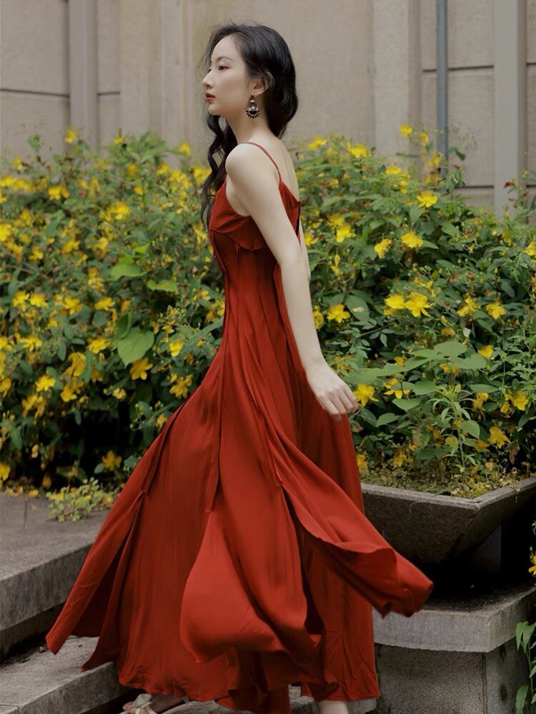 Stylish Dress Designer Red Strap Summer Party Dress Ruffles Backless Sexy High Waist High Quality