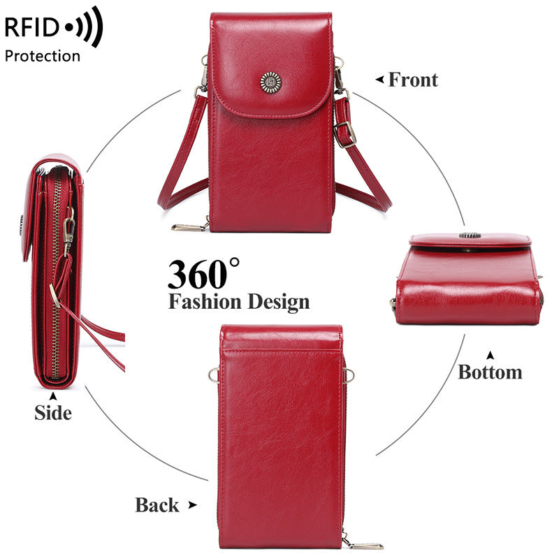 RFID Mobile Bag Female Oilskin Vertical Mobile Bag Mini One Shoulder Small Bag Fashion Crossbody Bag