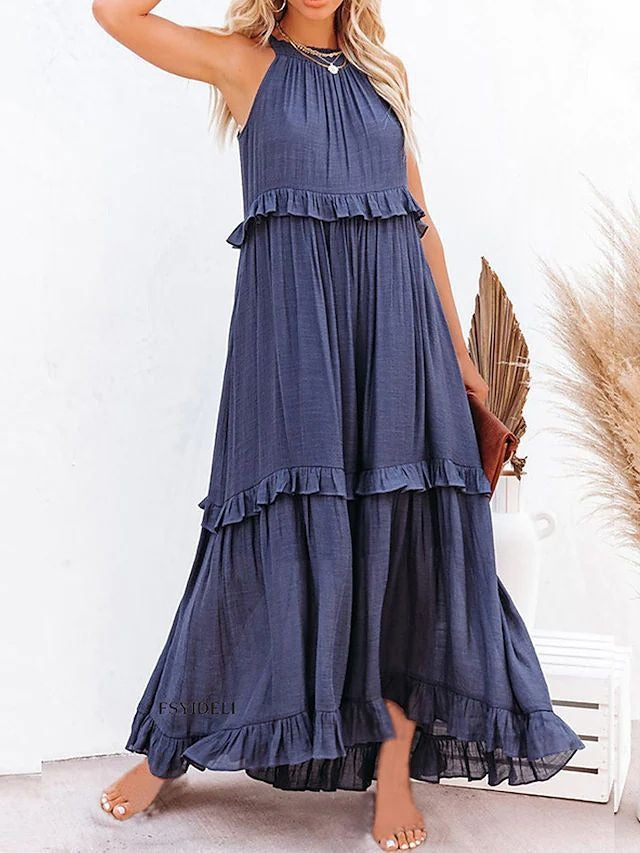 European and American Summer Vacation Style Lotus Leaf Edge Long Dress with Big Swing and Elegant Beach Skirt Women