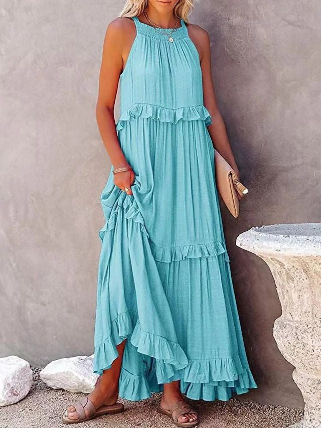 European and American Summer Vacation Style Lotus Leaf Edge Long Dress with Big Swing and Elegant Beach Skirt Women