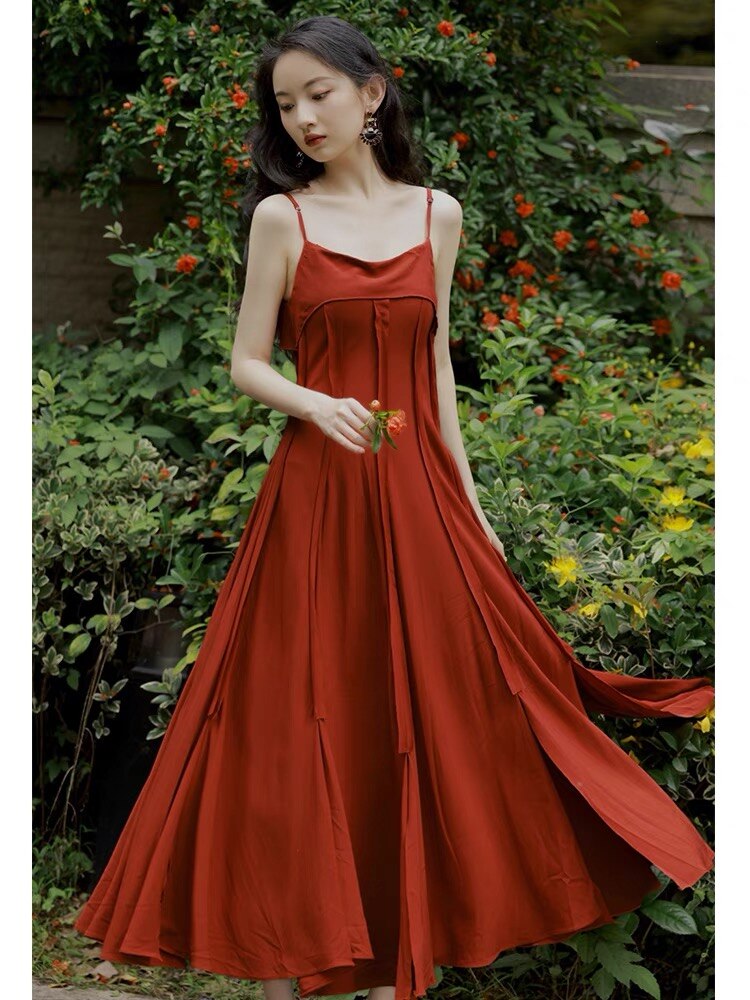 Stylish Dress Designer Red Strap Summer Party Dress Ruffles Backless Sexy High Waist High Quality