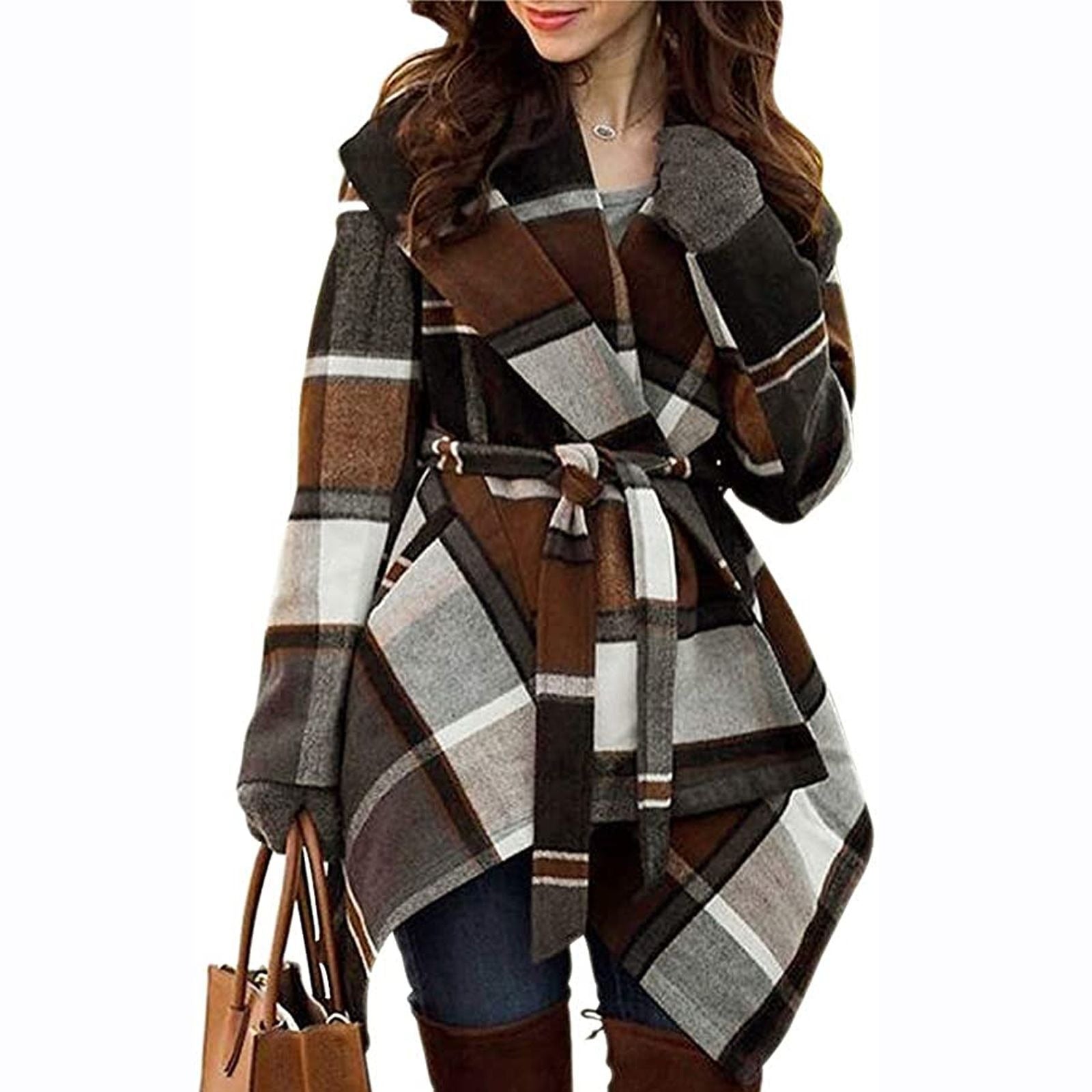 Lace up plaid long sleeved woolen coat mid length windbreaker for women