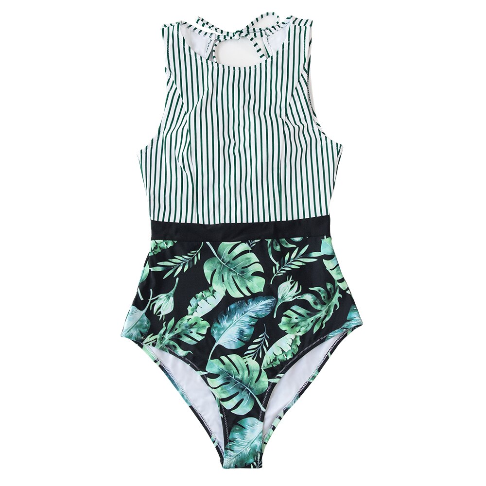 CUPSHE Black Striped And Green Leaf One-piece Swimsuit Women Sexy Cutout Monokini Bathing Suits 2021 New Girl Beach Swimwear