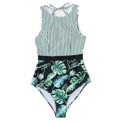 CUPSHE Black Striped And Green Leaf One-piece Swimsuit Women Sexy Cutout Monokini Bathing Suits 2021 New Girl Beach Swimwear