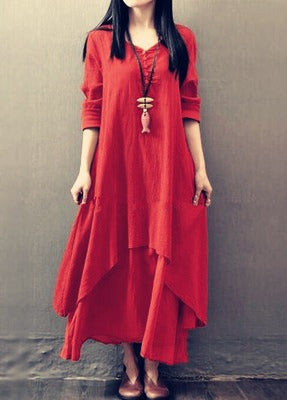 Fake two-piece long skirt large hem linen dress loose long sleeved cotton linen skirt