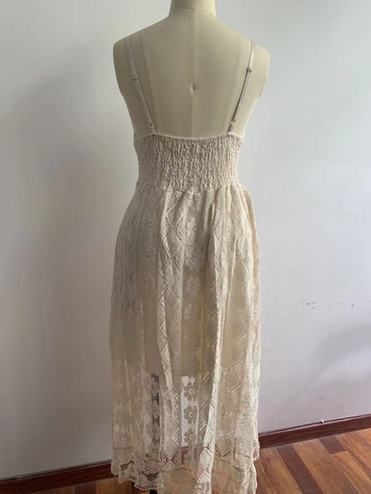 New European and American Fashion Strap Lace Large Swing Waist Long Dress