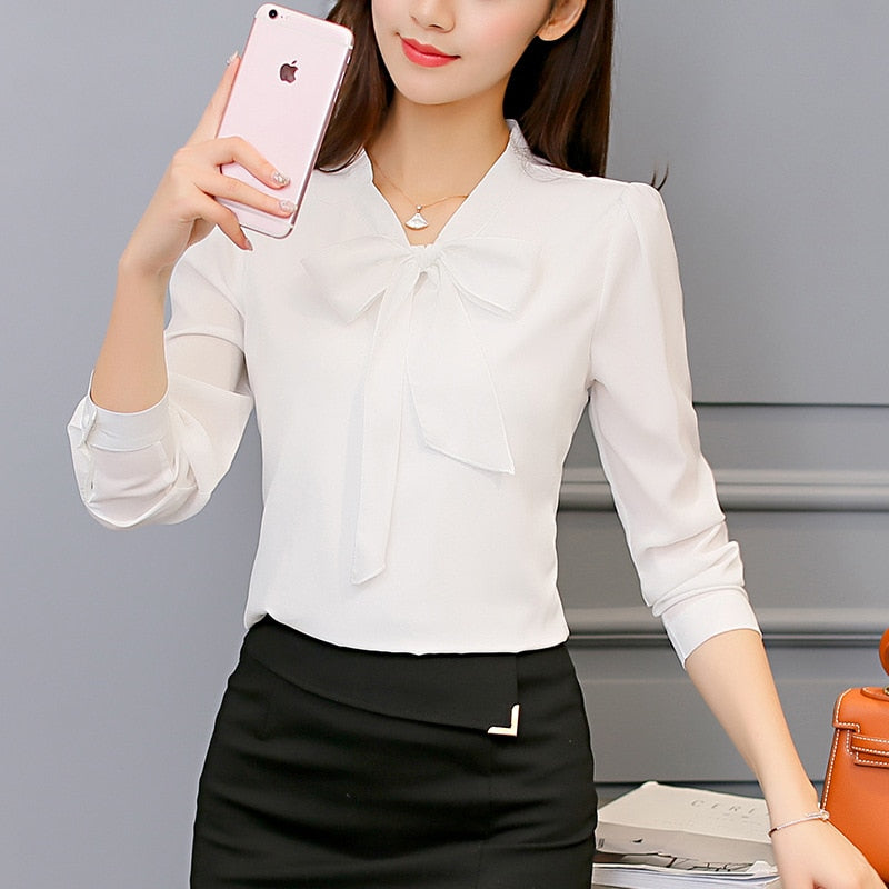 Summer Blouse Women Long Sleeve Shirts Fashion Leisure Chiffon Shirt Bow Office Ladies Pink White Tops