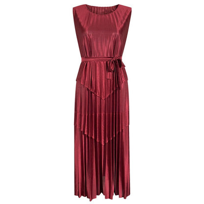 Satin splicing belt dress, feminine summer style, new wrought silk glossy sleeveless waist and knee-length dress