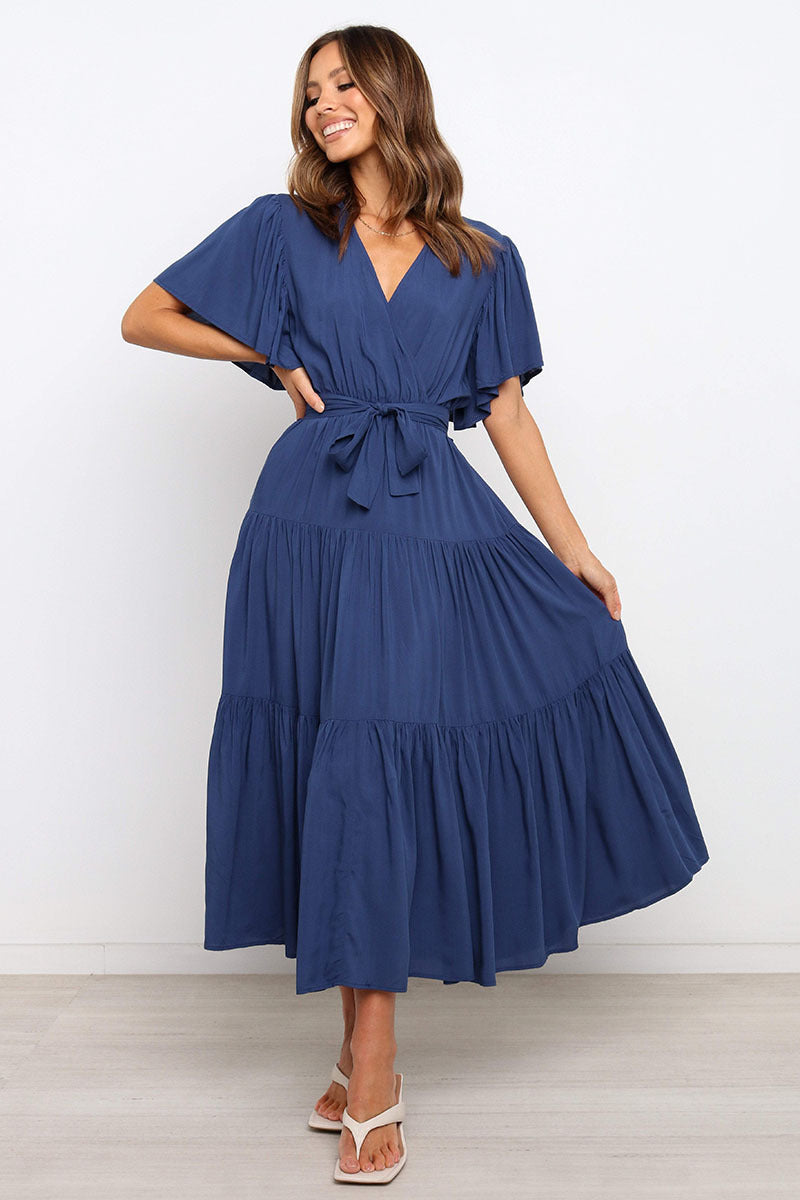 Fashion Solid Color Short-Sleeved Long Skirt Dress Dress V-Neck Lace-Up Dress