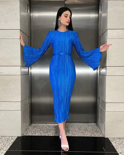 Fashion Blue O-Neck Dresses For WomenElegant Long Sleeve Lace-Up Straight Dresses