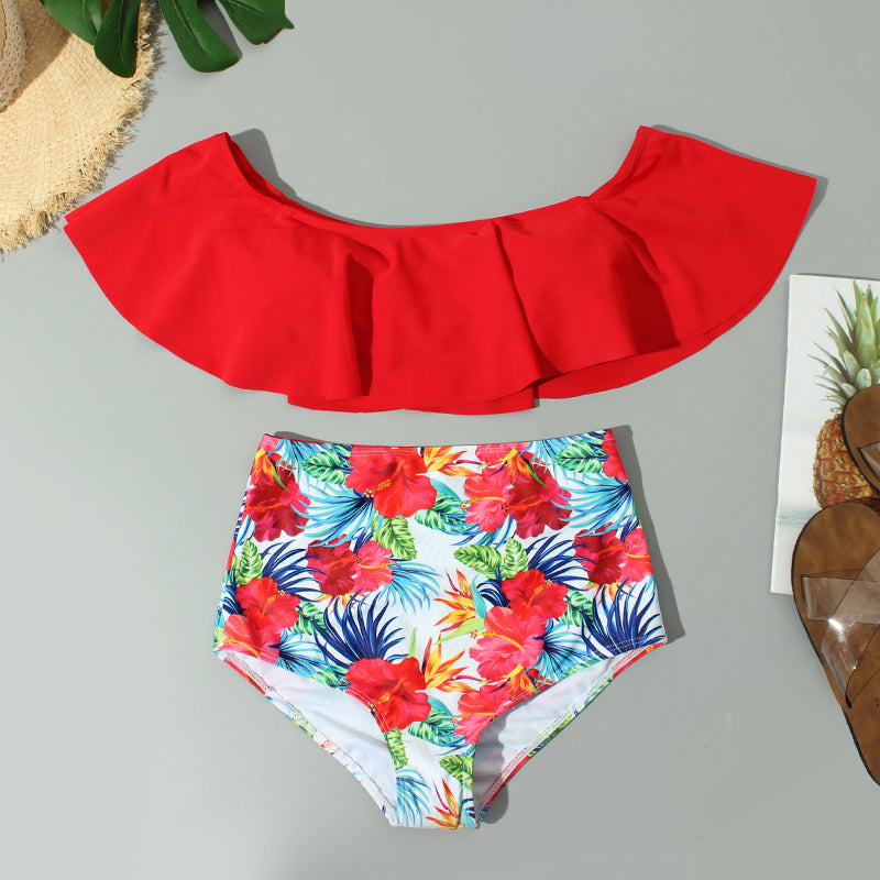 Floral Ruffled Hem Bikini Set Women Flora V-neck High-waisted Two Piece Swimsuit 2018 Girl Beach Bathing Suit Swimwear Biquinis