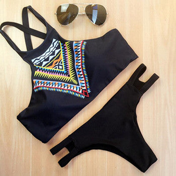 Women Bikini High Neck Push Up Bikini Set Geometry Black Swimwear