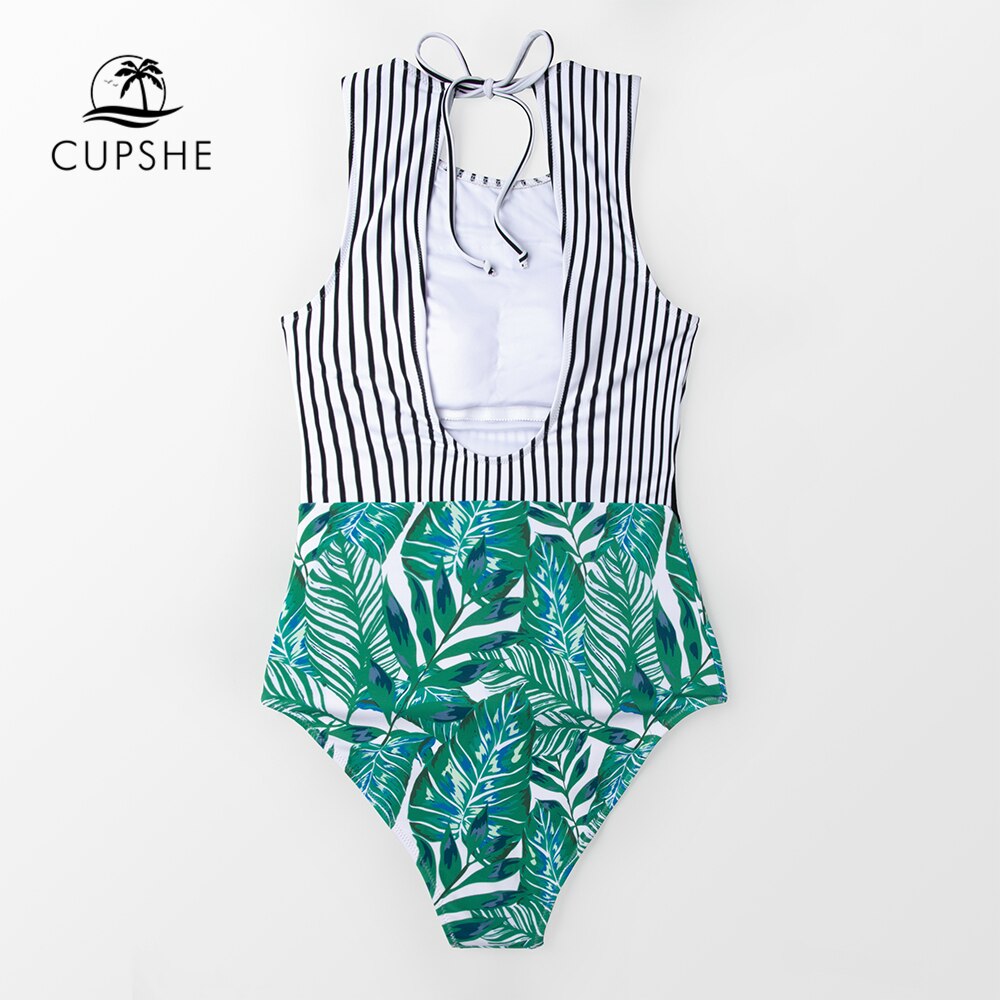 CUPSHE Black Striped And Green Leaf One-piece Swimsuit Women Sexy Cutout Monokini Bathing Suits 2021 New Girl Beach Swimwear