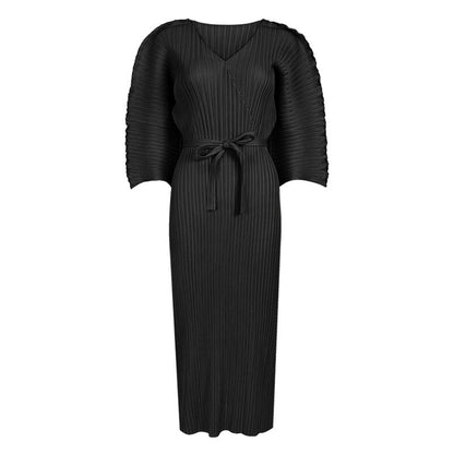 Pleated Raglan Sleeve V-neck Dress With Belt Women Spring Summer New Causal Elastic Sleeves Long Plus Size Dress