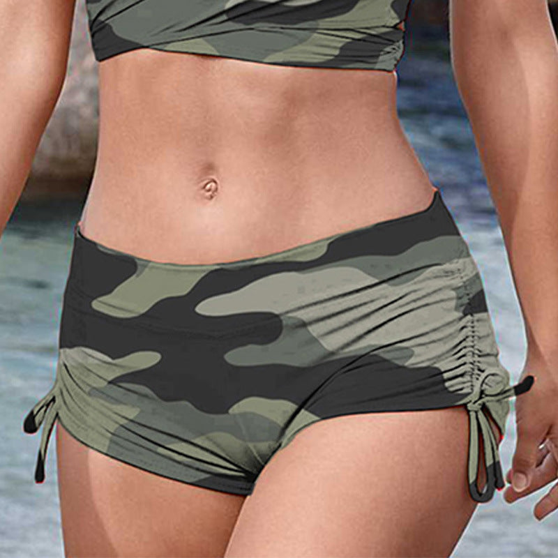 Camouflage Triangle Boxer Drawstring Sexy Sleeveless Bikini Women&