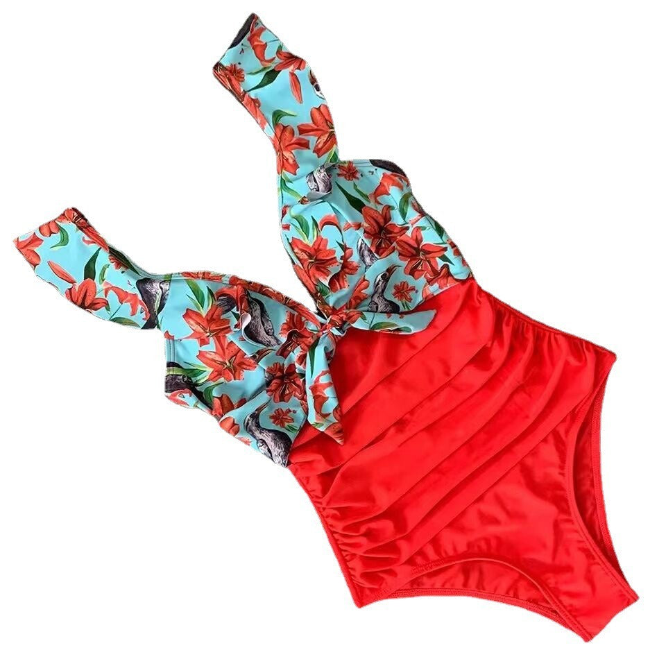 Swimwear Printed Panels with Ruffles, European and American Sexy Backless One Piece, Covering The Belly, and Slimming Bikini