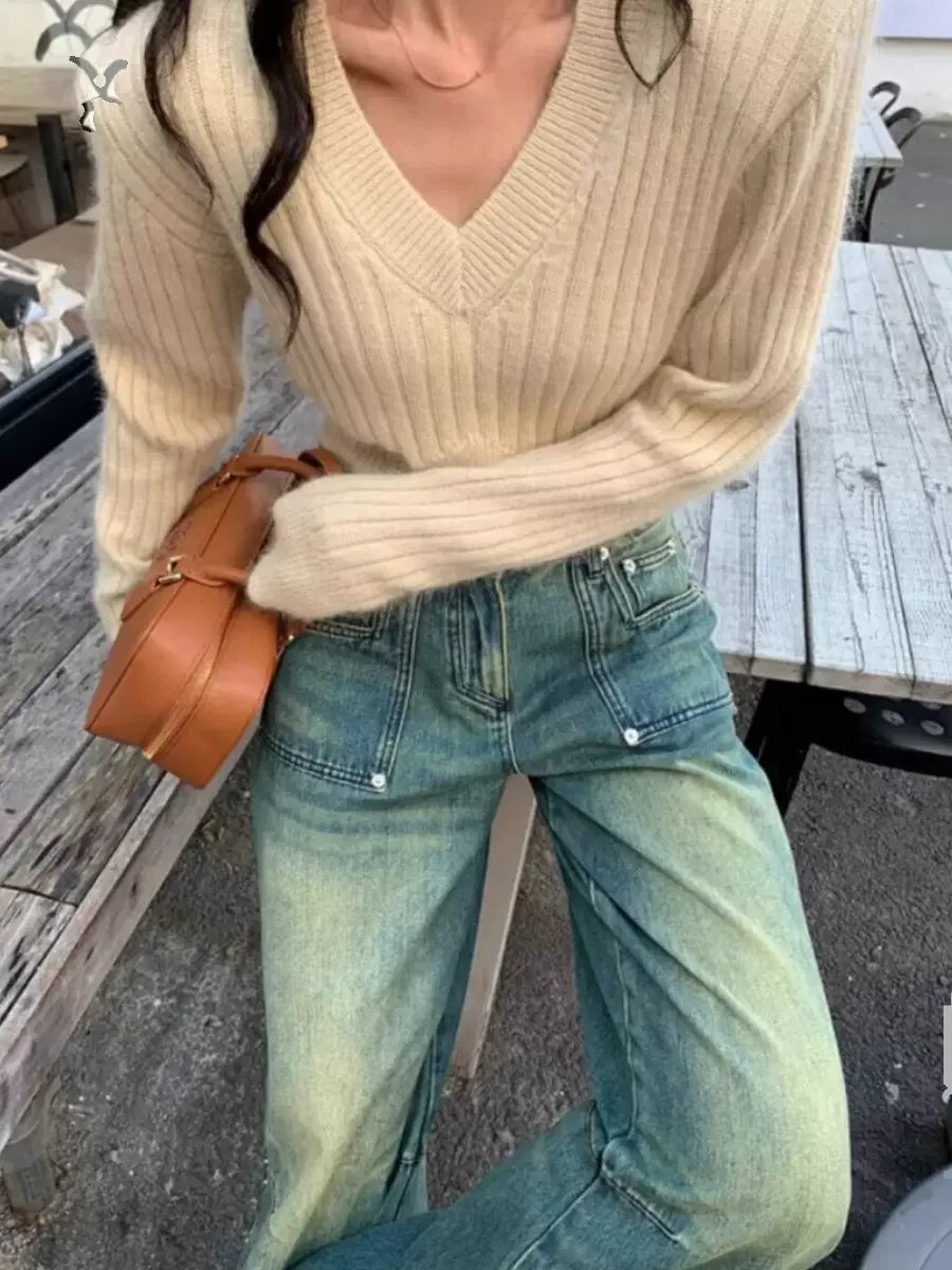 Rose Red V-neck Slim Fit Sweater Crop Tops Streetwear Solid Fashion Ladies Knitwear Autumn Long Sleeve Stylish Chic Jumpers