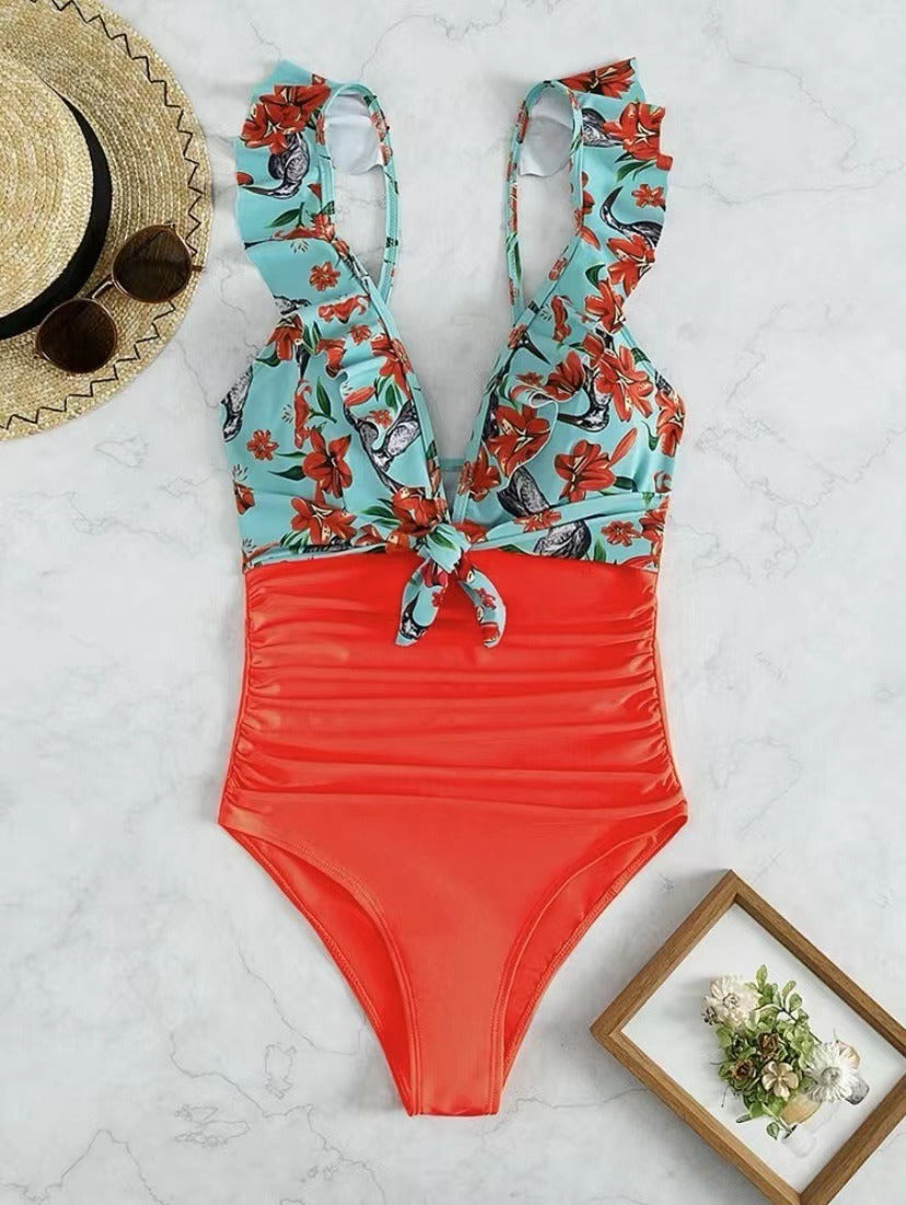 Swimwear Printed Panels with Ruffles, European and American Sexy Backless One Piece, Covering The Belly, and Slimming Bikini