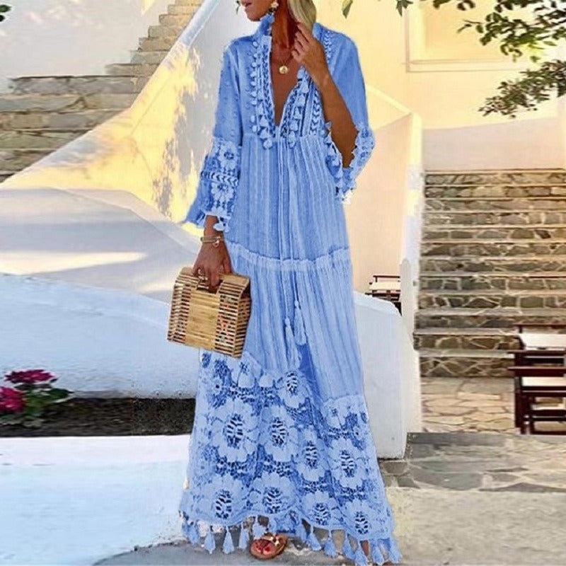 Long Skirt Bohemian Style V-Neck Lace Tassel Stitching Beach Resort Dress