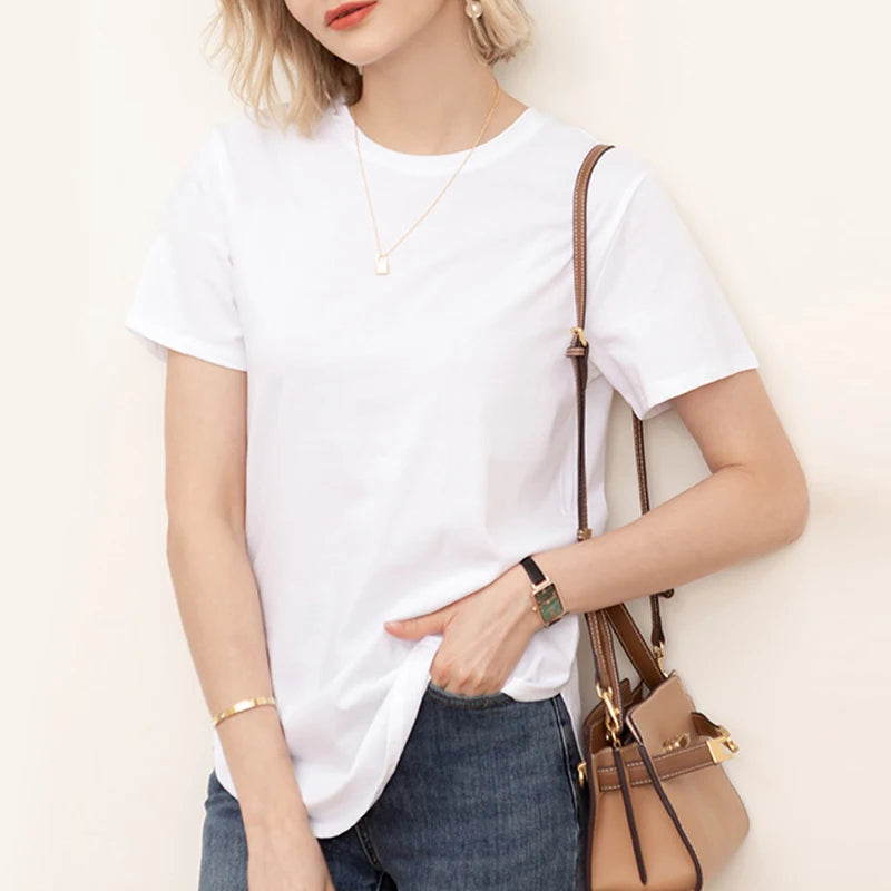 100% cotton Loose Casual Summer Short Sleeve Female T shirt Women  asymmetric O-neck Tee Tops M30326