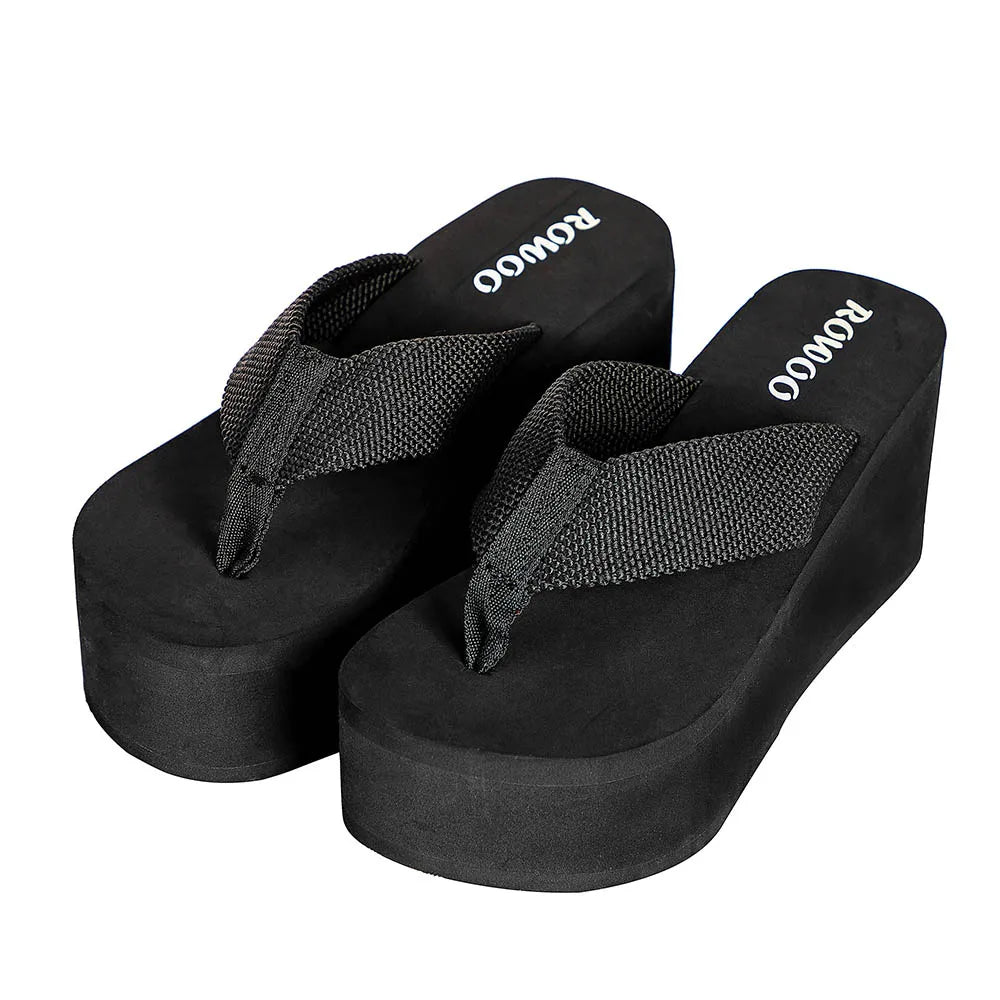 High Heel Women Sandal Shoes Solid Summer Flip Flops Wedges Platform Textile 3.15&quot; height Increasing Shoes 8cm Footwear